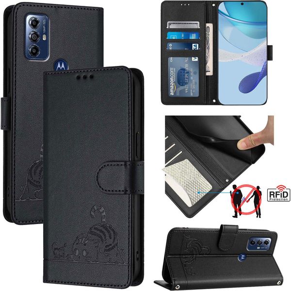 Custodia In Pelle Per Motorola G Pure/Moto G Play (2023), Dolce Gatto Custodia Flip Con Funzione Stand E Portafoglio Nero-image