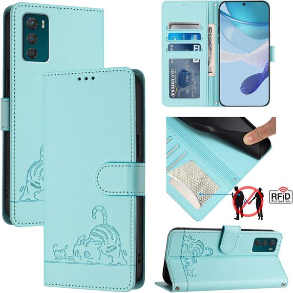 Custodia In Pelle Per Motorola Moto G42, Dolce Gatto Custodia Flip Con Funzione Stand E Portafoglio Verde Chiaro-image