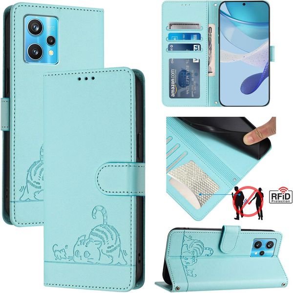 Custodia In Pelle Per Realme 9 4G, Dolce Gatto Custodia Flip Con Funzione Stand E Portafoglio Verde Chiaro-image