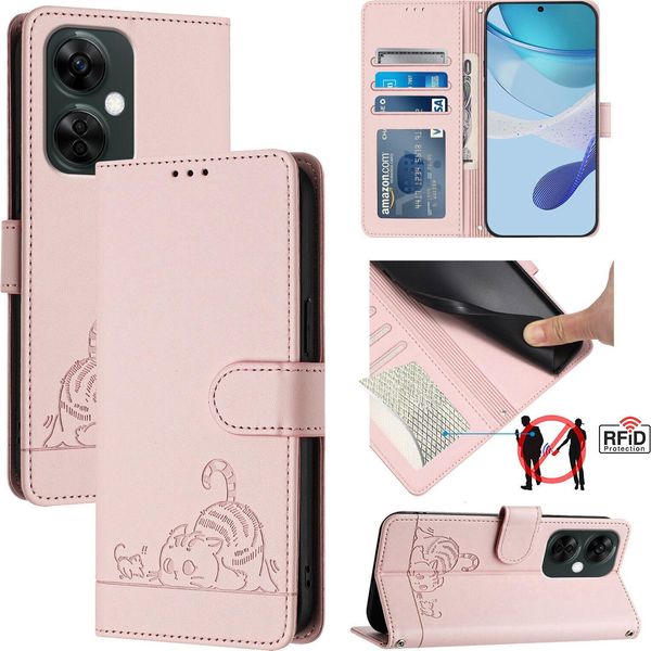 Custodia In Pelle Per Oneplus Nord CE3 Lite / Nord N30, Dolce Gatto Custodia Flip Con Funzione Stand E Portafoglio Rosa-image