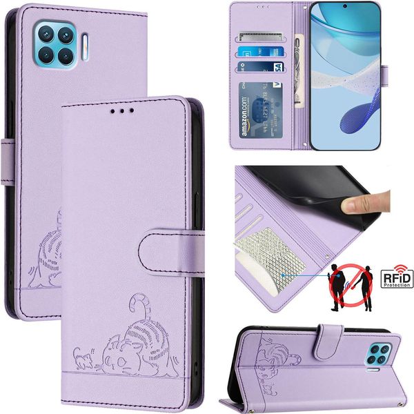 Custodia In Pelle Per Oppo F17 Pro, Dolce Gatto Custodia Flip Con Funzione Stand E Portafoglio Viola-image
