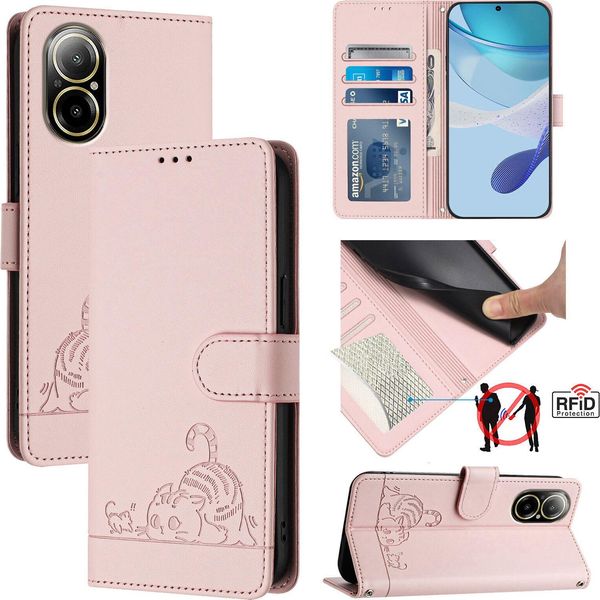 Custodia In Pelle Per Realme C67 4G, Dolce Gatto Custodia Flip Con Funzione Stand E Portafoglio Rosa-image