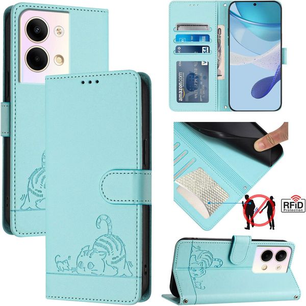 Custodia In Pelle Per Oppo Reno9 / Reno9 Pro, Dolce Gatto Flip Caso Con Funzione Di Stand E Portafoglio Verde Chiaro-image