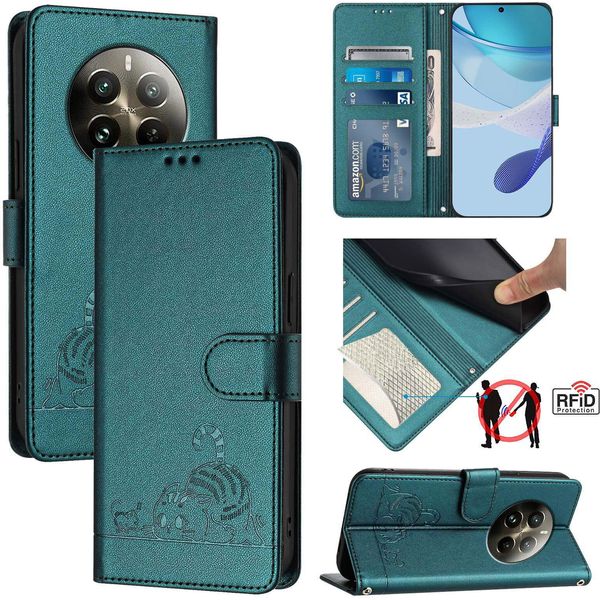 Custodia In Pelle Per Realme 12 Pro/Realme 12 Pro+, Dolce Gatto Custodia Flip Con Funzione Stand E Portafoglio Verde-image