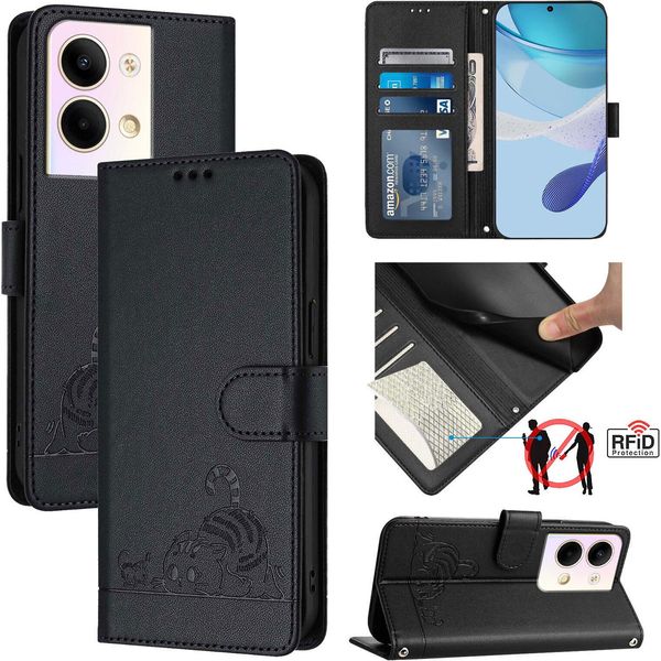 Custodia In Pelle Per Oppo Reno9 / Reno9 Pro, Dolce Gatto Custodia Flip Con Funzione Stand E Portafoglio Nero-image