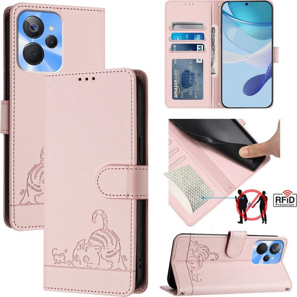 Custodia In Pelle Per Realme 10T/Realme 10S 5G, Dolce Gatto Custodia Flip Con Funzione Stand E Portafoglio Rosa-image