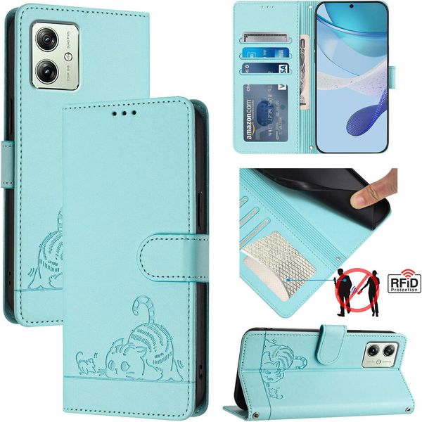 Custodia In Pelle Per Motorola Moto G14/Moto G54, Dolce Gatto Custodia Flip Con Funzione Stand E Portafoglio Verde Chiaro-image