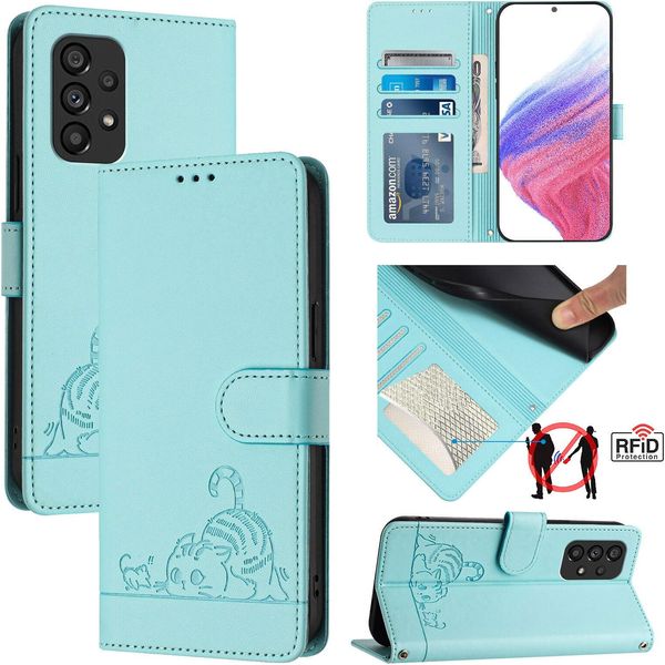 Custodia In Pelle Per Samsung Galaxy A53 5G, Dolce Gatto Custodia Flip Con Funzione Stand E Portafoglio Verde Chiaro-image