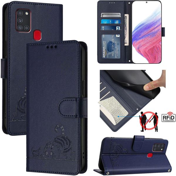 Custodia In Pelle Per Samsung Galaxy A21S, Dolce Gatto Custodia Flip Con Funzione Stand E Portafoglio Blu-image