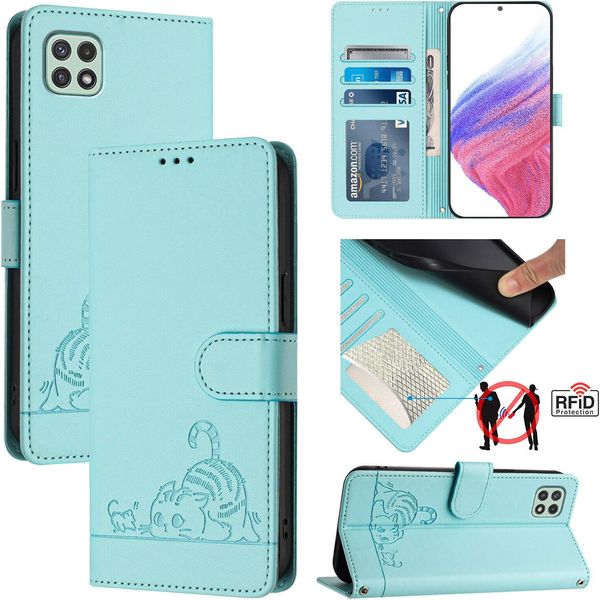 Custodia In Pelle Per Samsung Galaxy A22 5G / F42 5G, Dolce Gatto Custodia Flip Con Funzione Stand E Portafoglio Verde Chiaro-image