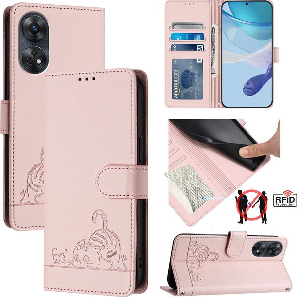 Custodia In Pelle Per Oppo Reno8 T 4G, Dolce Gatto Custodia Flip Con Funzione Stand E Portafoglio Rosa-image