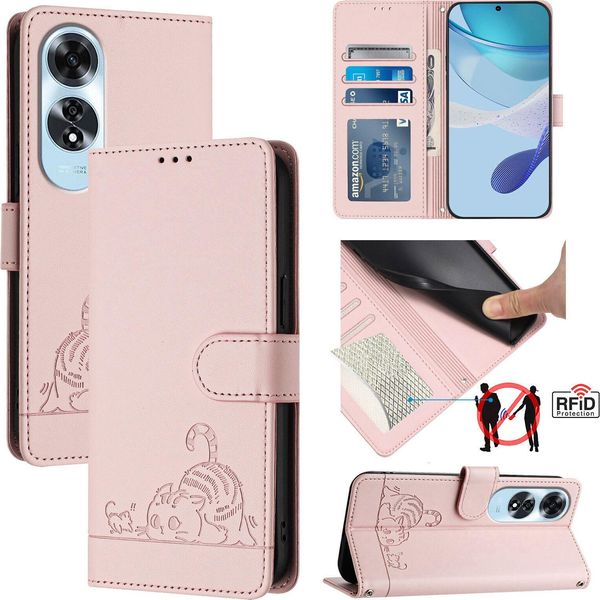 Custodia In Pelle Per Oppo A60, Dolce Gatto Custodia Flip Con Funzione Stand E Portafoglio Rosa-image