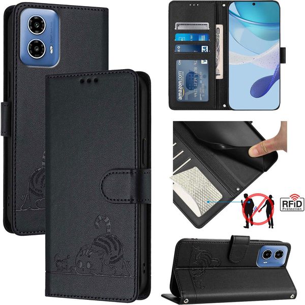 Custodia In Pelle Per Motorola Moto G34, Dolce Gatto Custodia Flip Con Funzione Stand E Portafoglio Nero-image