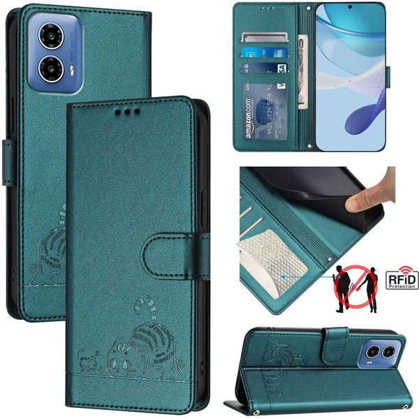 Custodia In Pelle Per Motorola Moto G34, Dolce Gatto Custodia Flip Con Funzione Stand E Portafoglio Verde-image