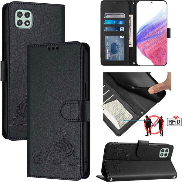 Custodia In Pelle Per Samsung Galaxy A22 5G / F42 5G, Dolce Gatto Custodia Flip Con Funzione Stand E Portafoglio Nero-image