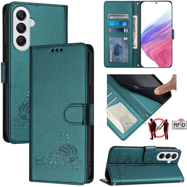 Custodia In Pelle Per Samsung Galaxy A25, Dolce Gatto Custodia Flip Con Funzione Stand E Portafoglio Verde-image