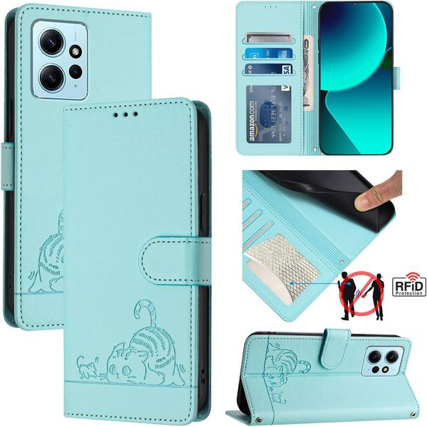 Custodia In Pelle Per Xiaomi Redmi Note 12 4G, Dolce Gatto Custodia Flip Con Funzione Stand E Portafoglio Verde Chiaro-image