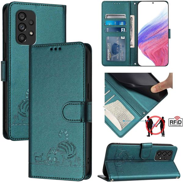 Custodia In Pelle Per Samsung Galaxy A53 5G, Dolce Gatto Custodia Flip Con Funzione Stand E Portafoglio Verde-image