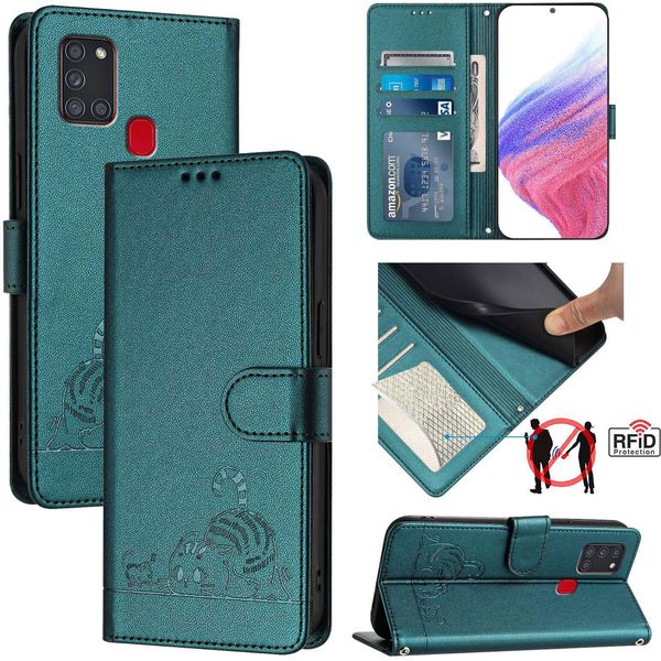 Custodia In Pelle Per Samsung Galaxy A21S, Dolce Gatto Custodia Flip Con Funzione Stand E Portafoglio Verde-image