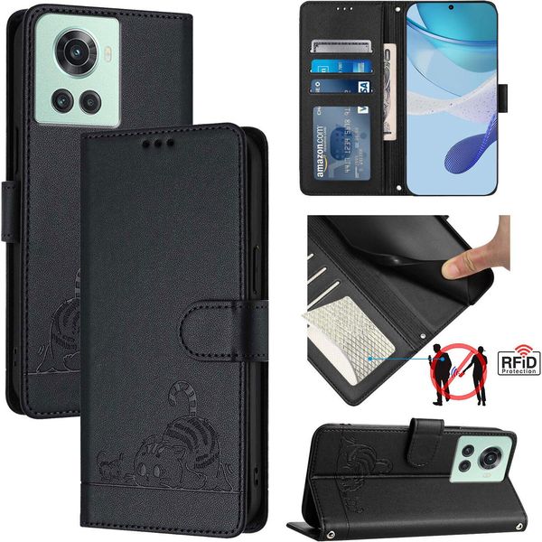 Custodia In Pelle Per Oneplus 10R/Oneplus Ace, Dolce Gatto Custodia Flip Con Funzione Stand E Portafoglio Nero-image