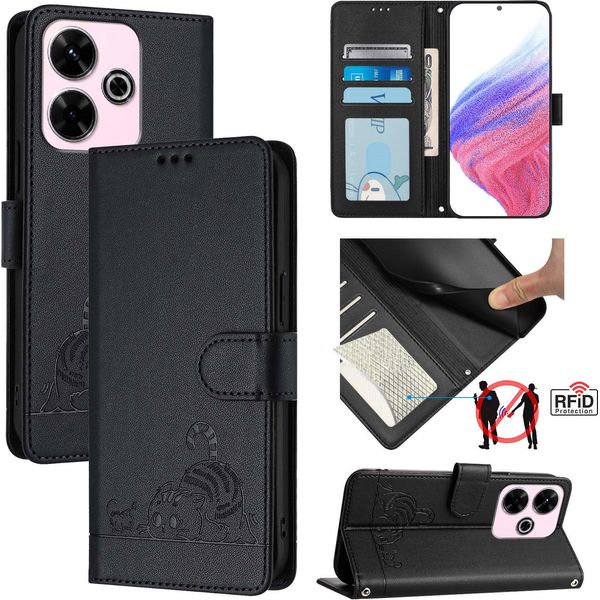 Custodia In Pelle Per Xiaomi Redmi 13 / Note 13R, Dolce Gatto Flip Case Con Funzione Stand E Portafoglio Nero-image