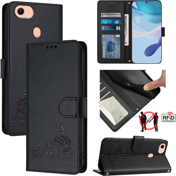 Custodia In Pelle Per Oppo F17, Dolce Gatto Custodia Flip Con Funzione Stand E Portafoglio Nero-image