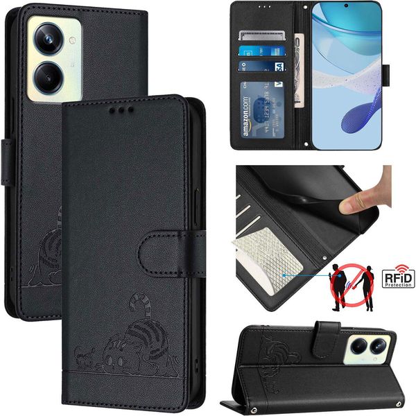 Custodia In Pelle Per Realme 10 Pro 5G, Dolce Gatto Custodia Flip Con Funzione Stand E Portafoglio Nero-image