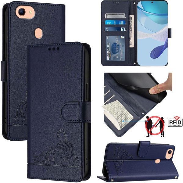 Custodia In Pelle Per Oppo F17, Dolce Gatto Custodia Flip Con Funzione Stand E Portafoglio Blu-image