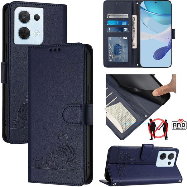 Custodia In Pelle Per Oppo Reno8, Dolce Gatto Custodia Flip Con Funzione Stand E Portafoglio Blu-image