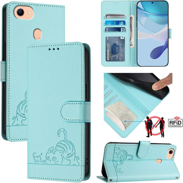 Custodia In Pelle Per Oppo F17, Dolce Gatto Custodia Flip Con Funzione Stand E Portafoglio Verde Chiaro-image