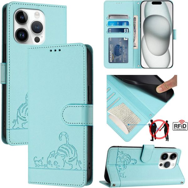 Custodia In Pelle Per Iphone 14 Pro, Dolce Gatto Custodia Flip Con Funzione Stand E Portafoglio Verde Chiaro-image