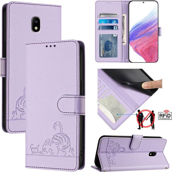 Custodia In Pelle Per Samsung Galaxy J3 2017, Dolce Gatto Custodia Flip Con Funzione Stand E Portafoglio Viola-image