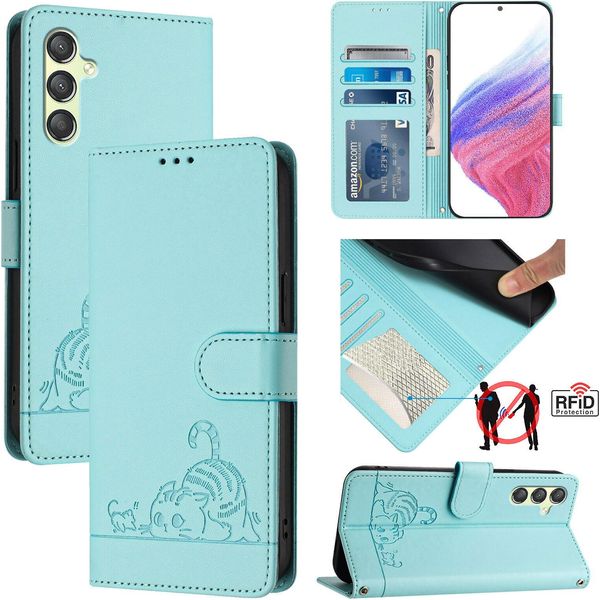 Custodia In Pelle Per Samsung Galaxy A24 4G, Dolce Gatto Custodia Flip Con Funzione Stand E Portafoglio Verde Chiaro-image