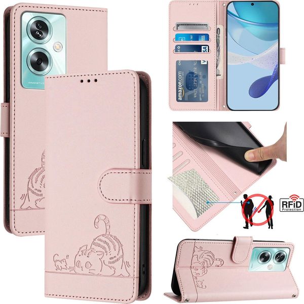 Custodia In Pelle Per Oneplus Nord N30 Se/Oppo A79 5G, Custodia Flip Dolce Gatto Con Funzione Di Stand E Portafoglio Rosa-image