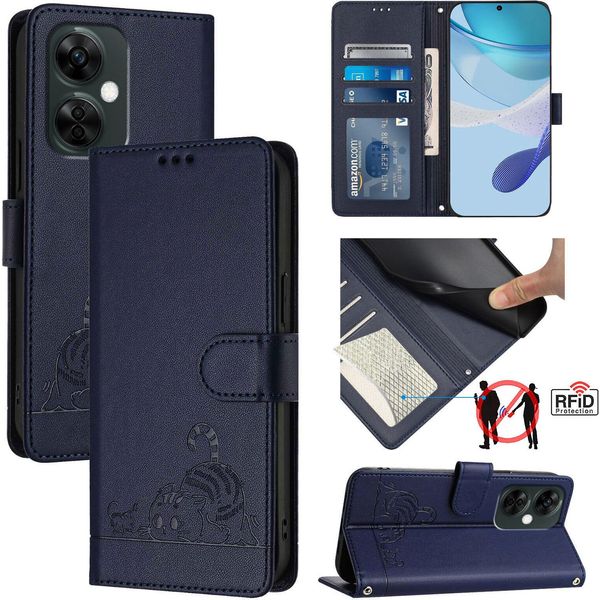 Custodia In Pelle Per Oneplus Nord CE3 Lite / Nord N30, Dolce Gatto Custodia Flip Con Funzione Stand E Portafoglio Blu-image