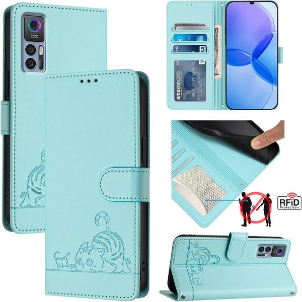 Custodia In Pelle Per Tcl 30 /Tcl 30 5G /Tcl 30+, Dolce Gatto Flip Case Con Funzione Stand E Portafoglio Verde Chiaro-image