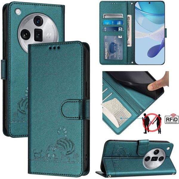 Custodia In Pelle Per Oppo Find X7 Ultra, Dolce Gatto Custodia Flip Con Funzione Stand E Portafoglio Verde-image