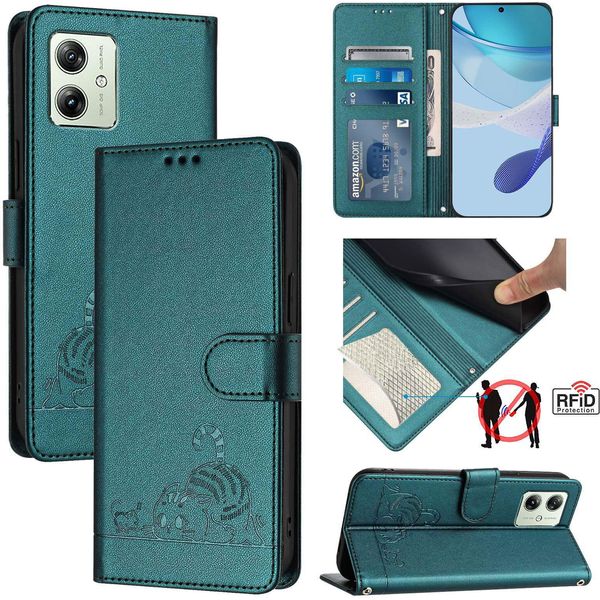 Custodia In Pelle Per Motorola Moto G54, Dolce Gatto Custodia Flip Con Funzione Stand E Portafoglio Verde-image