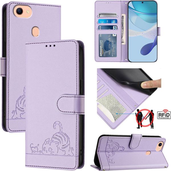 Custodia In Pelle Per Oppo F17, Dolce Gatto Custodia Flip Con Funzione Stand E Portafoglio Viola-image