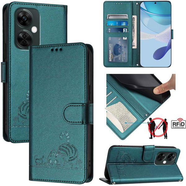 Custodia In Pelle Per Oneplus Nord CE3 Lite / Nord N30, Dolce Gatto Custodia Flip Con Funzione Stand E Portafoglio Verde-image