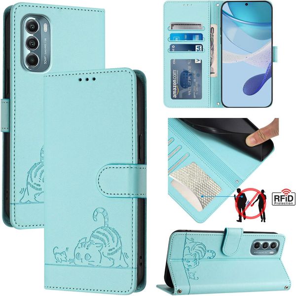 Custodia In Pelle Per Motorola Moto G Stylus 5G (2022), Dolce Gatto Custodia Flip Con Funzione Stand E Portafoglio Verde Chiaro-image