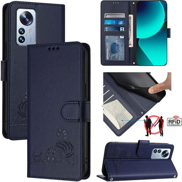 Custodia In Pelle Per Xiaomi 12 Pro/Xiaomi 12S Pro, Dolce Gatto Custodia Flip Con Funzione Stand E Portafoglio Blu-image