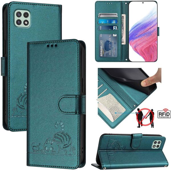 Custodia In Pelle Per Samsung Galaxy A22 5G / F42 5G, Dolce Gatto Custodia Flip Con Funzione Stand E Portafoglio Verde-image