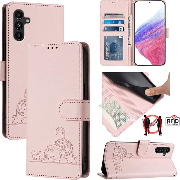 Custodia In Pelle Per Samsung Galaxy A13 / A13 5G / A04S / A04 / M13 5G, Dolce Gatto Custodia Flip Con Funzione Stand E Portafoglio Rosa-image