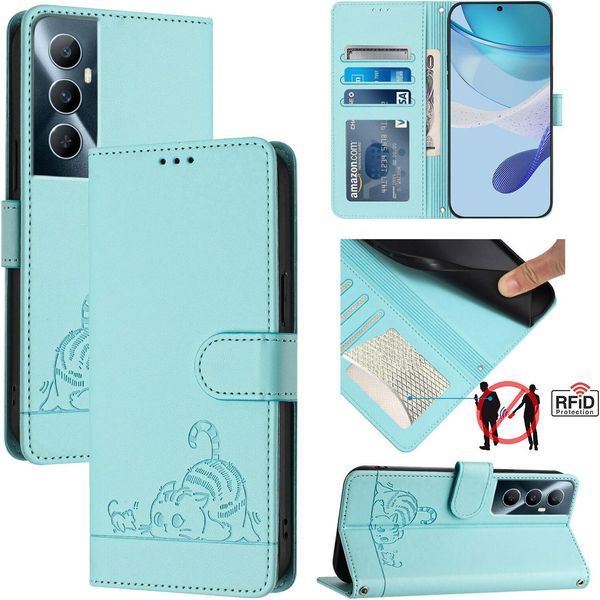 Custodia In Pelle Per Realme C65 4G, Dolce Gatto Custodia Flip Con Funzione Stand E Portafoglio Verde Chiaro-image