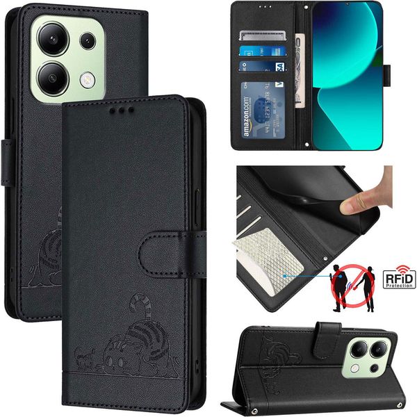 Custodia In Pelle Per Xiaomi Redmi Note 13 4G, Dolce Gatto Custodia Flip Con Funzione Stand E Portafoglio Nero-image