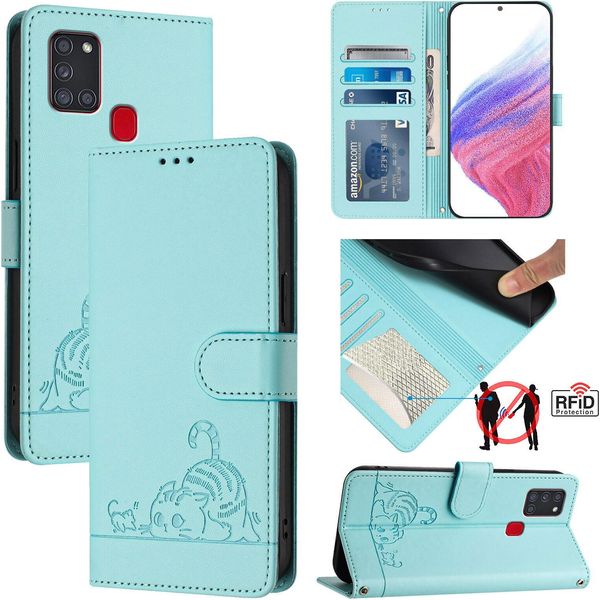 Custodia In Pelle Per Samsung Galaxy A21S, Dolce Gatto Custodia Flip Con Funzione Stand E Portafoglio Verde Chiaro-image