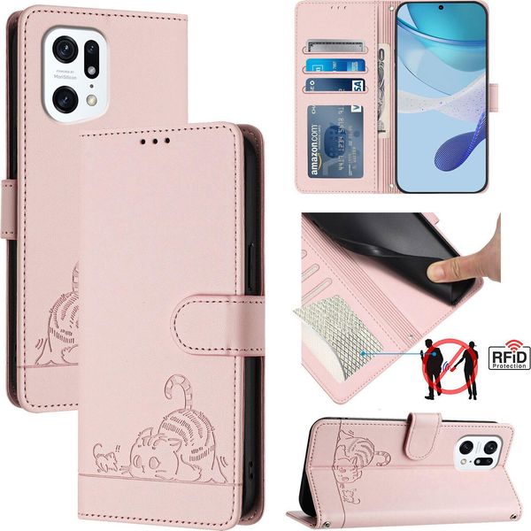 Custodia In Pelle Per Oppo Find X5 Pro, Dolce Gatto Custodia Flip Con Funzione Stand E Portafoglio Rosa-image