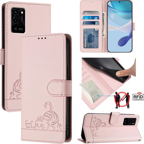 Custodia In Pelle Per Oppo A54 4G/A54S/A55 5G/A16/A16S/A55S 5G/A53S 5G/A56 5G Custodia Flip Case Carino Gatto Con Stand Rosa-image