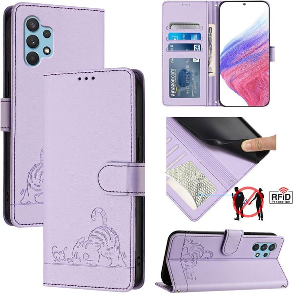 Custodia In Pelle Per Samsung Galaxy A32 4G, Dolce Gatto Custodia Flip Con Funzione Stand E Portafoglio Viola-image
